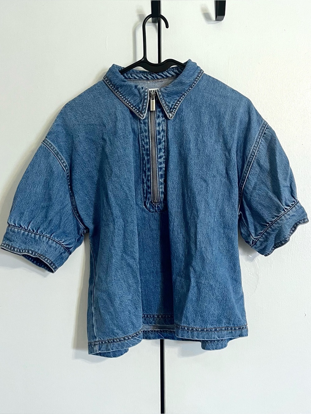 Denim Cotton Blend Half Zip Blouse Large Puff Sleeve Casual Chic Elevated Basics